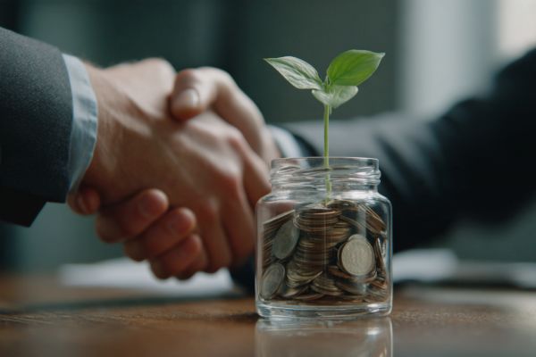 glass jar filled with coins and a green seedling sprouting out of the top in front of two businessmen shaking hands