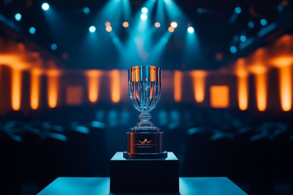 glass trophy on a blue and orange lit stage