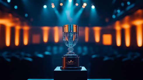 glass trophy on a blue and orange lit stage