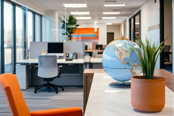 Company office with a globe and small plant on a desk