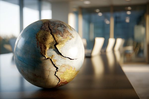 globe with a large crack through the USA sitting on a conference table in a modern office