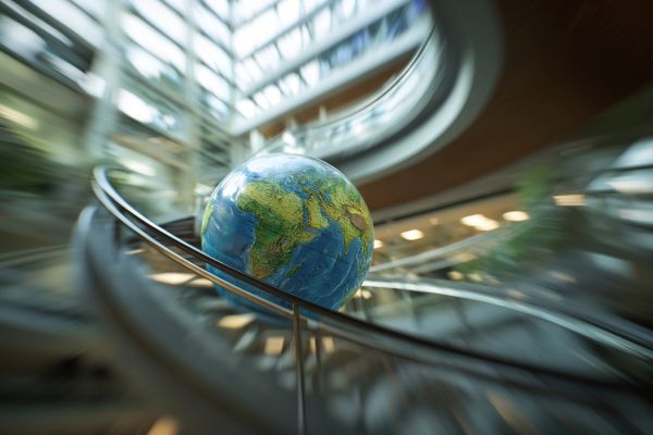 globe of the earth rolling down a curved staircase in an office building