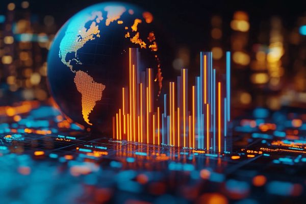 globe next to a digital bar chart