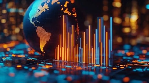 globe next to a digital bar chart