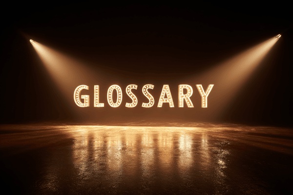 The word "GLOSSARY" written out of light bulbs in a dark room with two spotlights shining on it.