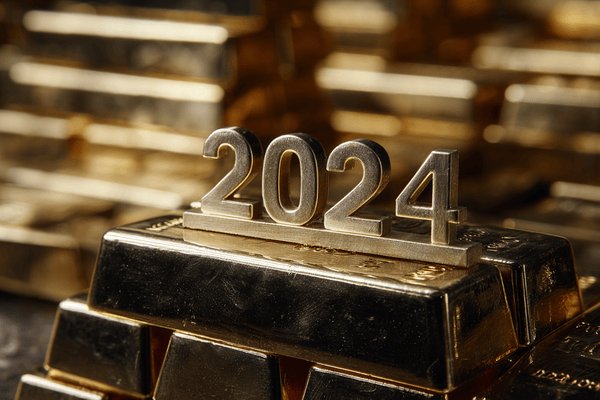 The number "2024" sitting on top of a large stack of gold bars