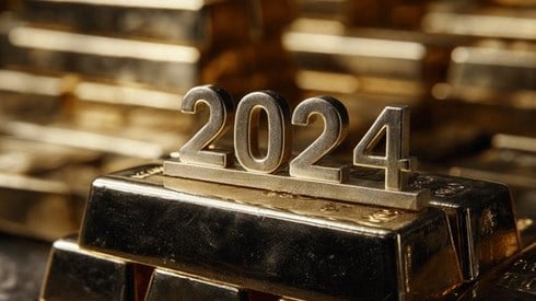 The number "2024" sitting on top of a large stack of gold bars
