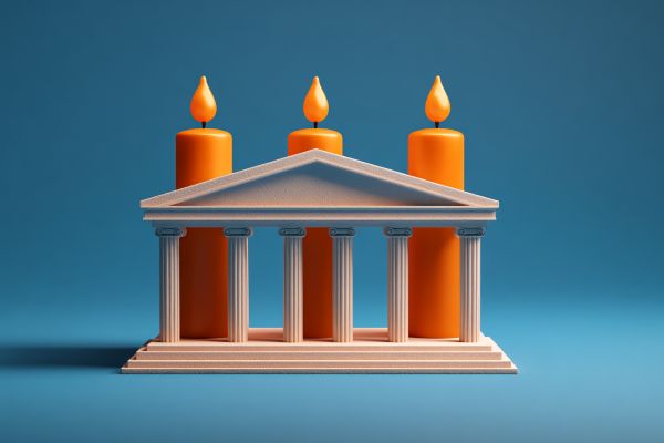 government court building with three orange candles between pillars