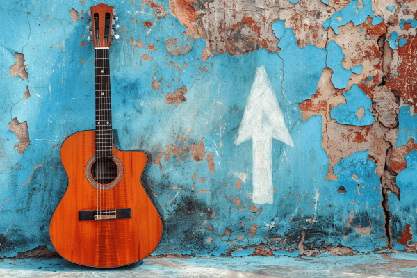 Acoustic guitar leaning against a wall with blue peeling paint and a white chalk arrow pointing up drawn on the wall