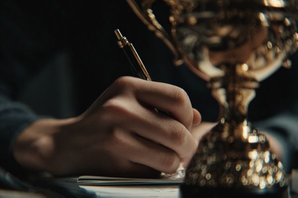 student's hand writing with a pen in front of a gold cup trophy