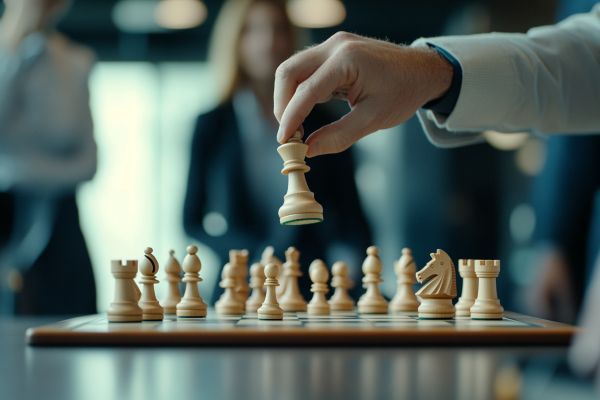 hand moving chess pieces over a chessboard in a corporate office with business people looking on