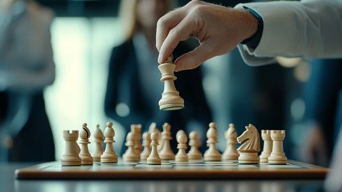 hand moving chess pieces over a chessboard in a corporate office with business people looking on