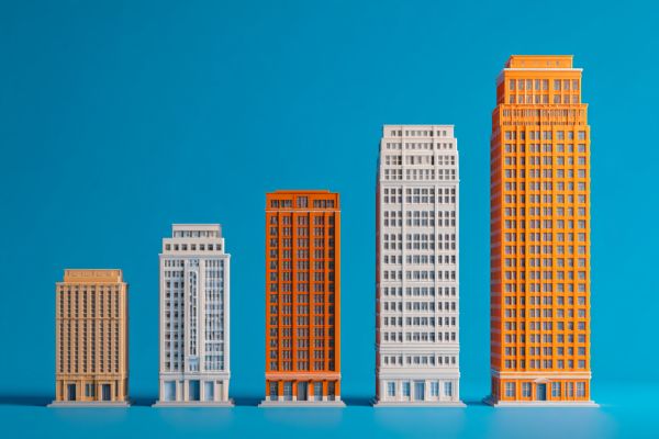 miniature orange and white commercial buildings lined up in increasingly taller size on a blue background