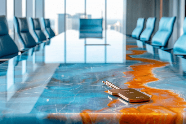 A key laying on a marble conference table