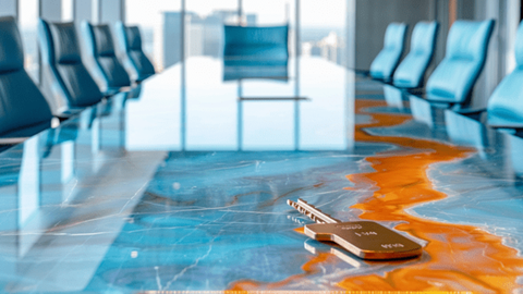 A key laying on a marble conference table