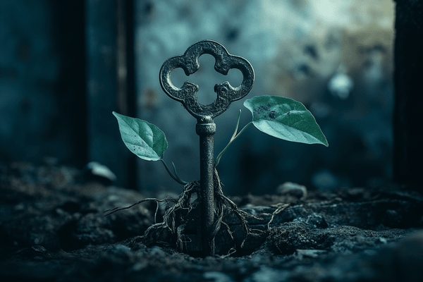 A key sticking out of the soil with plants growing out of the key