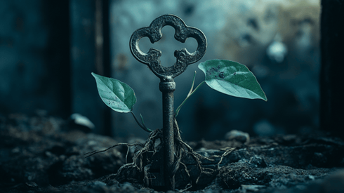 A key sticking out of the soil with plants growing out of the key