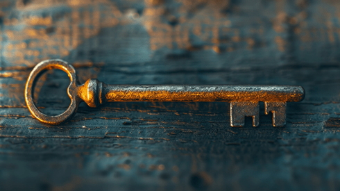 Closeup of a bronze key resting on a wooden table