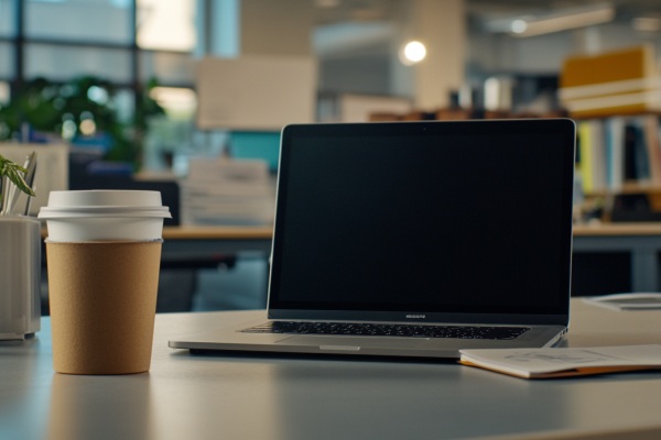 Laptop on a desk with coffee