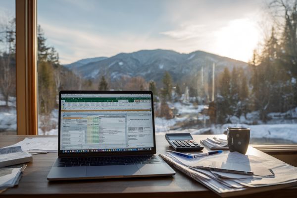 laptop with spreadsheets on a desk overlooking sunrise on the mountains