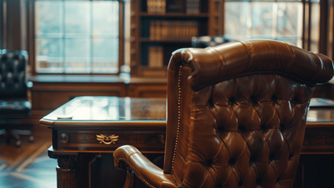 Brown leather desk chair sitting in front of a large wooden desk in an office