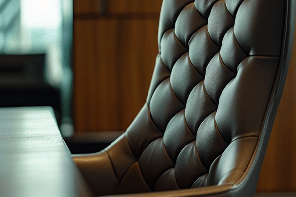 Closeup of a high-backed brown leather chair at a conference table