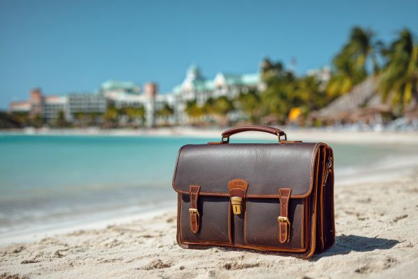 brown and black leather briefcase on sand on a beach in front of buildings and trees