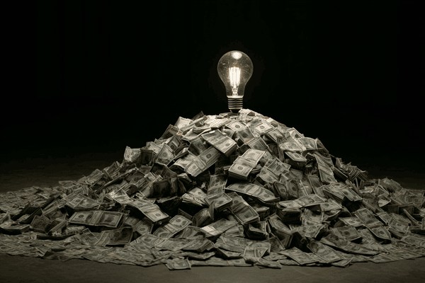 A light bulb lit up on top of a huge pile of money