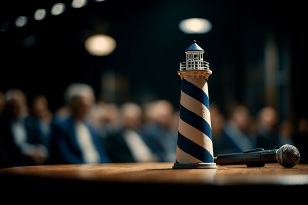 small blue and white diagonally striped lighthouse next to a microphone in front of an audience of businesspeople