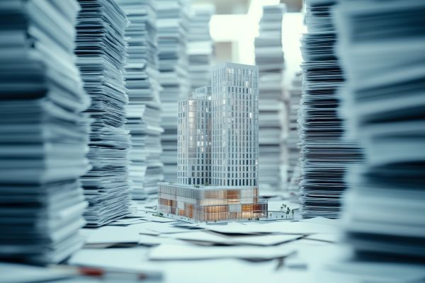 miniature buildings surrounded by stacks of papers