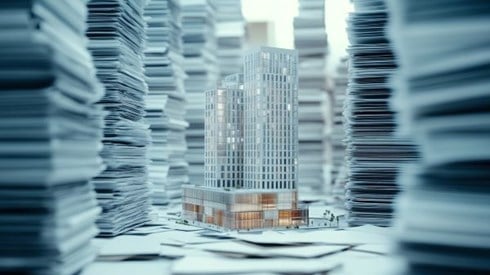 miniature buildings surrounded by stacks of papers