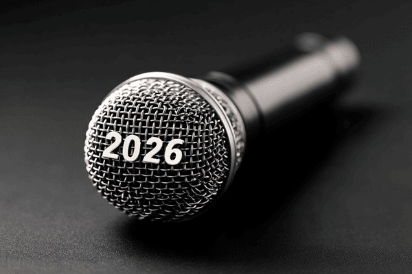 A microphone on its side with "2026" on the top of it