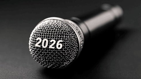 A microphone on its side with "2026" on the top of it