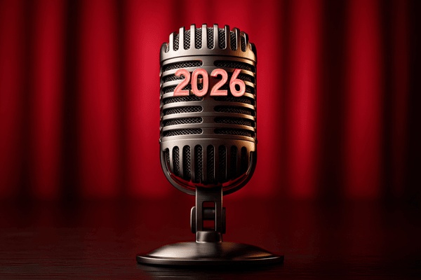 A microphone with 2026 on it in front of a red curtain
