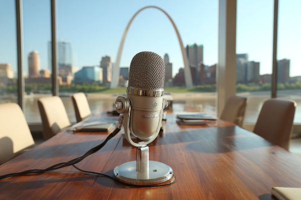 a microphone sitting on a conference table in an office overlooking the St Louis Arch