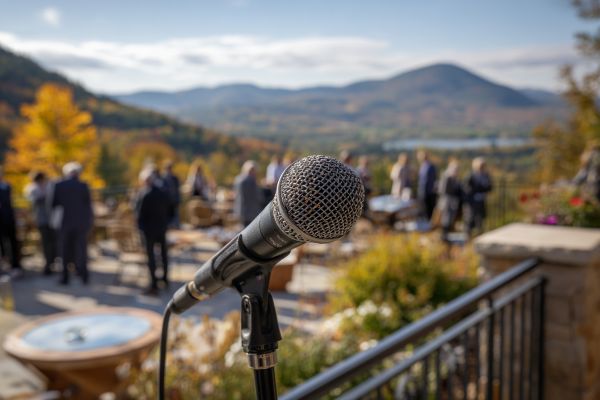 microphone on a stand above a hotel patio overlooking conference attendees and a Vermont scenic landscape in the fall