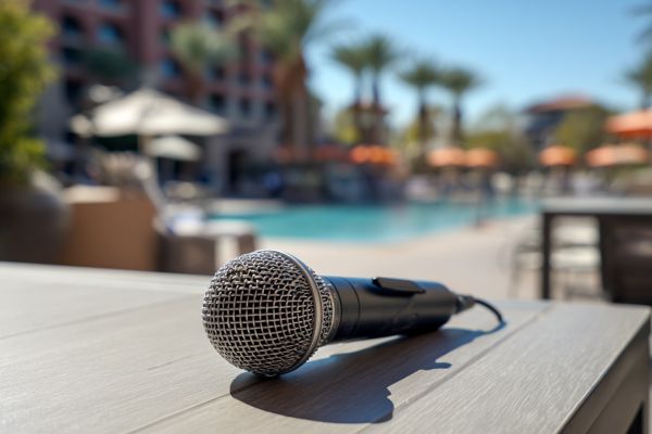microphone lying on a table overlooking the pool patio at a hotel with palm trees