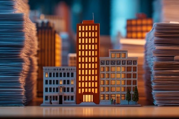 miniature business buildings surrounded by stacks of papers 