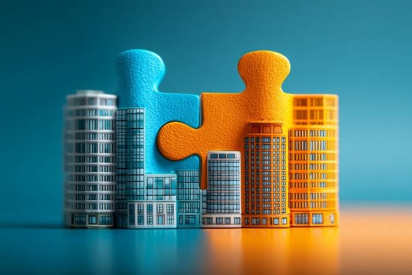 3D minature commercial buildings on two connected puzzle pieces in blue and orange