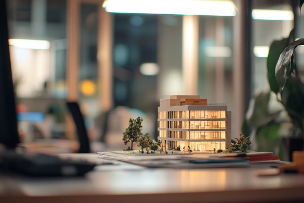 small model commercial building sitting on a desk