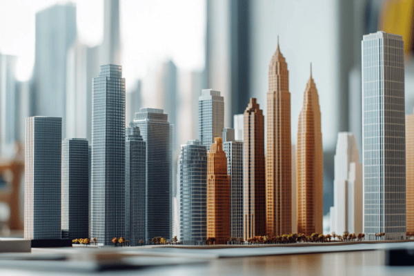 A line of models of skyscrapers on an office desk