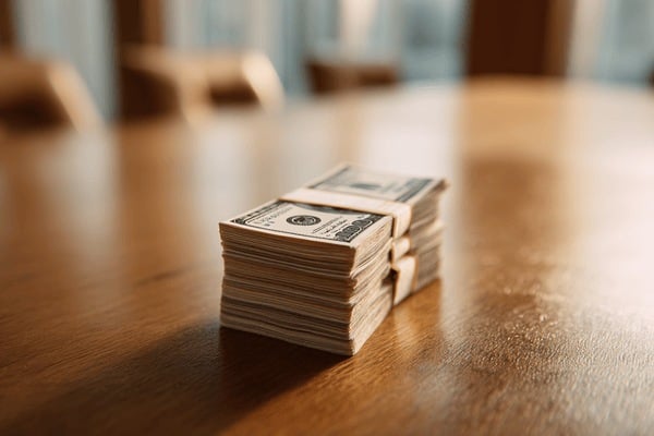 A stack of $100 bills on top of a boardroom table
