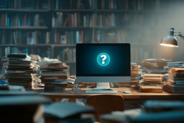 computer monitor with a question mark in a circle surrounded by stacks of books and papers on a desk with a lamp