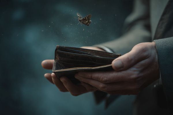 moth flying out of an empty wallet in a businessman's hands