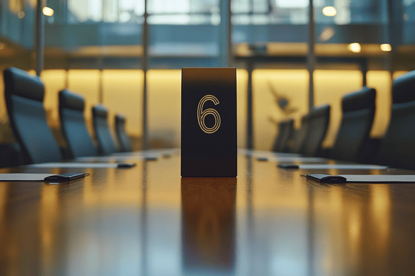 The number six standing up in the middle of a conference table that is surrounded by chairs