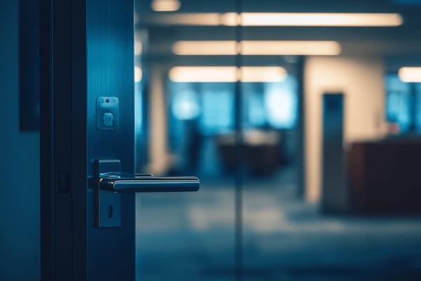 Closeup of an office's glass door closing
