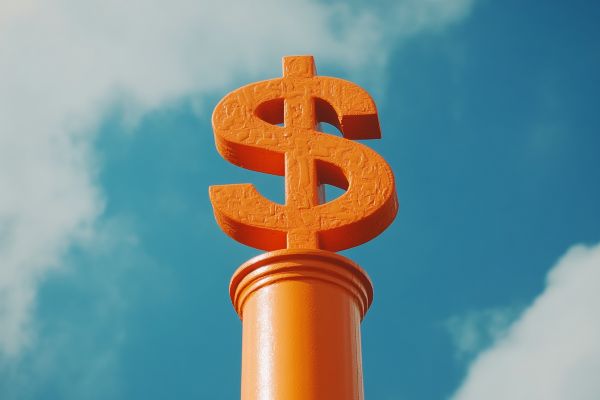 orange dollar sign on an orange column in front of a blue sky