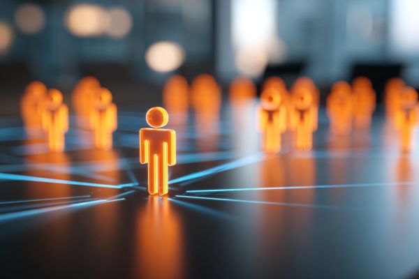 orange person icon on a table with other icons and blue lines pointing toward it