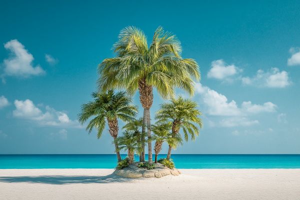 a giant palm tree over smaller palm trees underneath it on a sandy beach