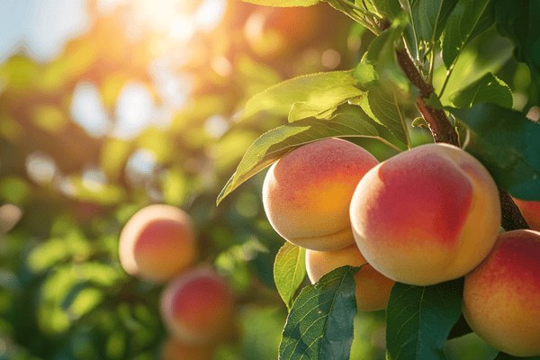Ripe peaches on a peach tree on a sunny day